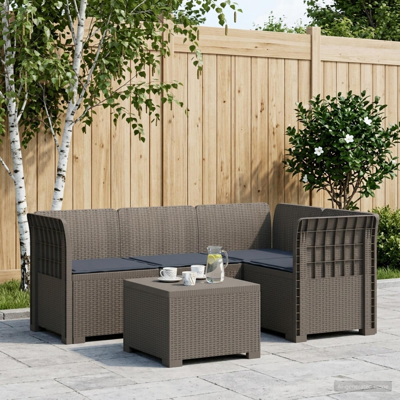4-personers have sofa med hynder i rattan-look PP lysegrå