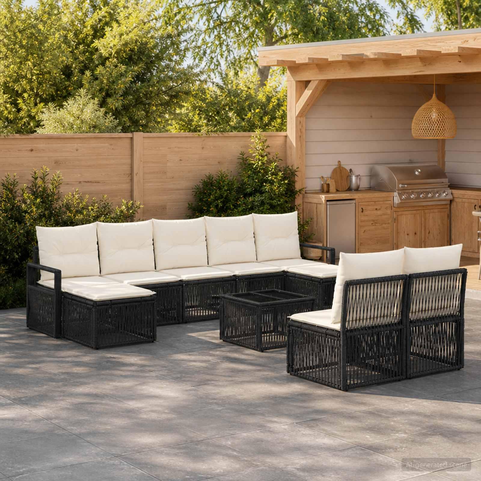 Havesofa sæt 10 stk. i sort polyrattan - modulært loungesæt til have og terrasse