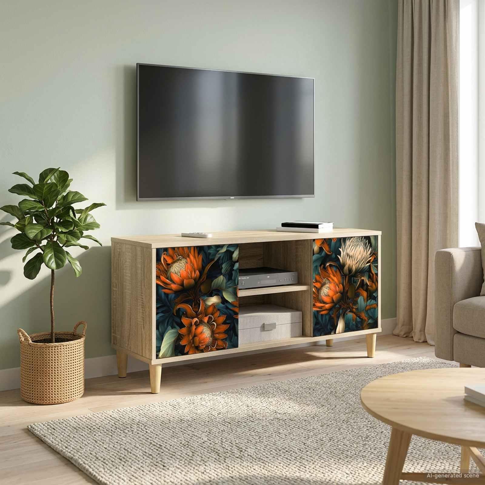 TV-skab LOCHEM 102 x 33 x 50 cm i sonoma-eg med dekorative låger