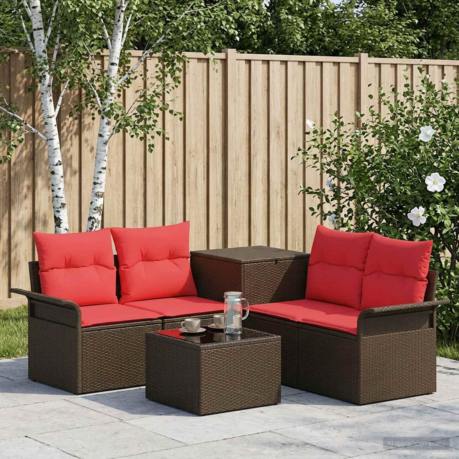 Modulært sofa sæt 6 dele til 4 personer i poly rattan og stål - brun/rød