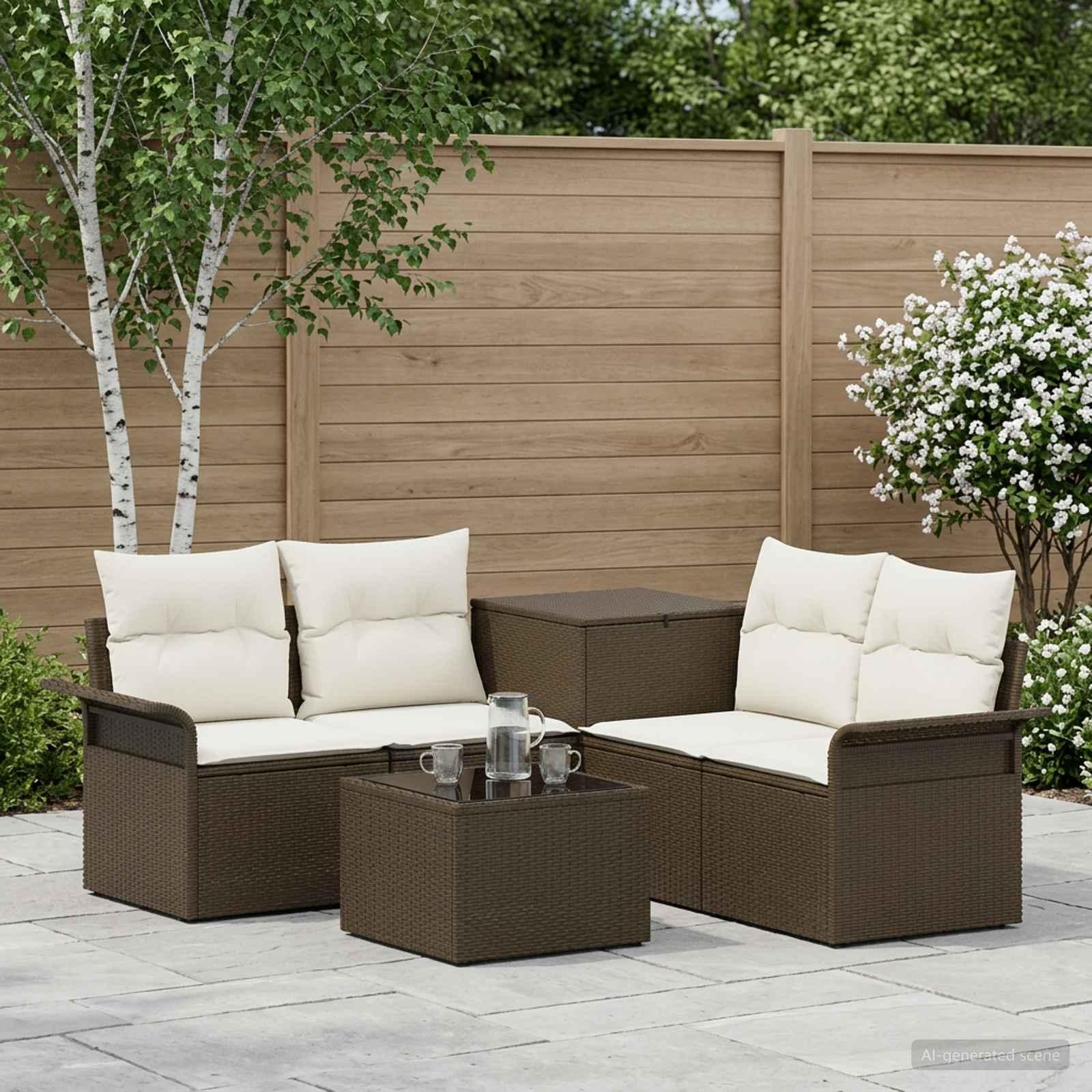 Sofa sæt 6 dele til terrasse og have - 4-personers poly rattan i brun og cremehvid