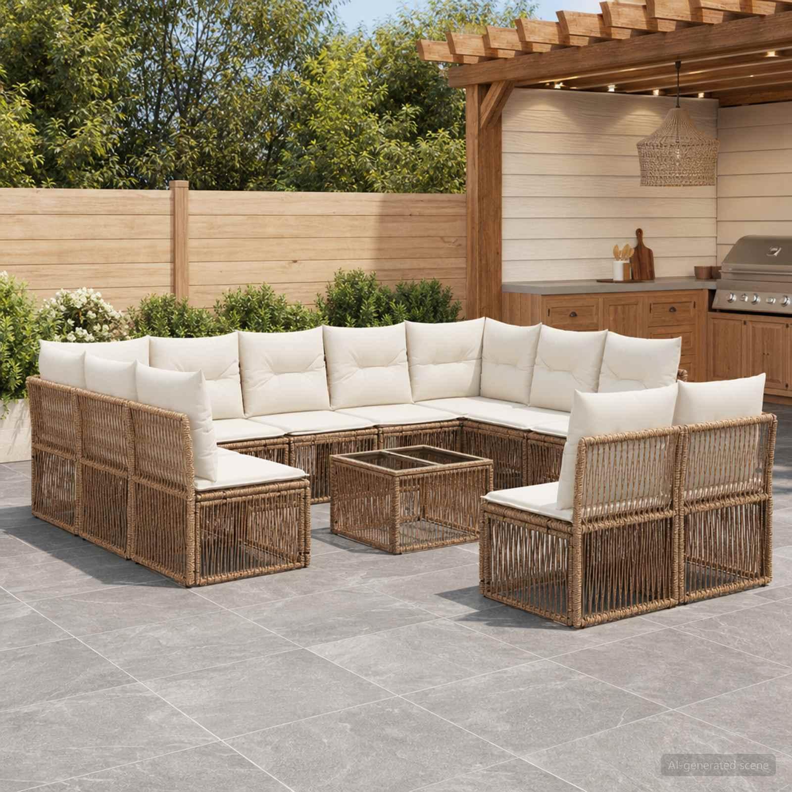 Havesofa sæt 12 stk. i beige polyrattan til terrasse og have