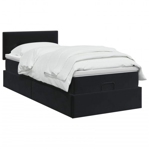 Ottoman seng med opbevaring, madras og LED - sort 80 x 200 cm velour