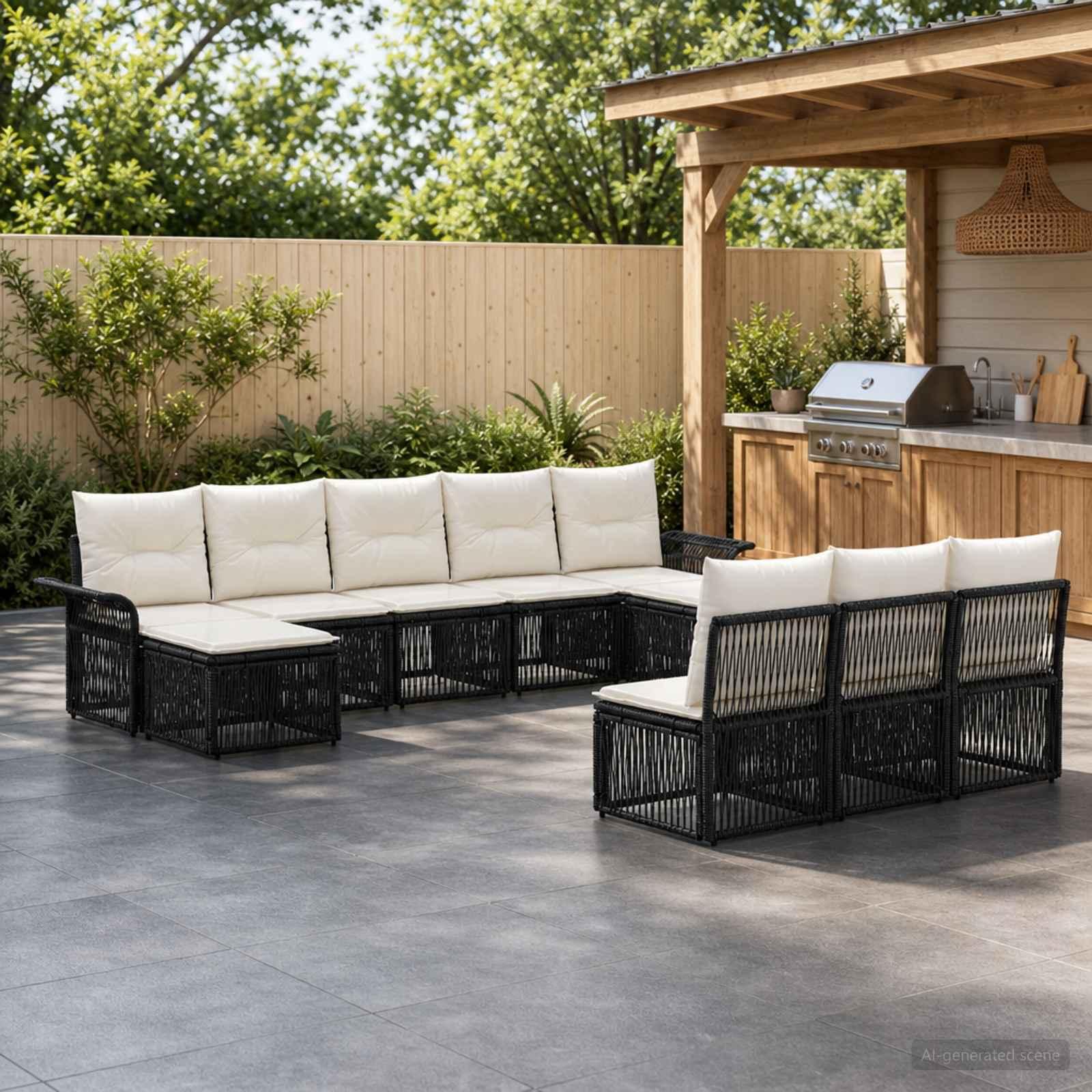 Havesofa sæt 10 stk. i sort polyrattan til terrasse og have