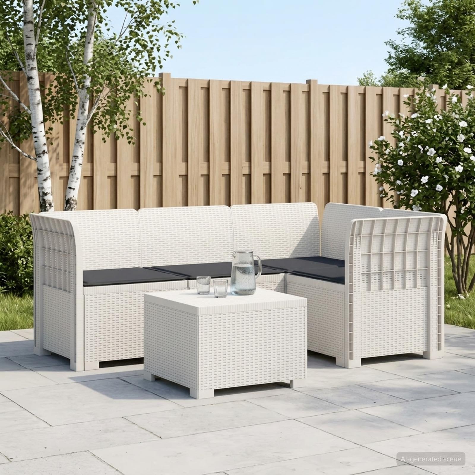 4-personers havesofa med hynder i rattan-look PP - hvid