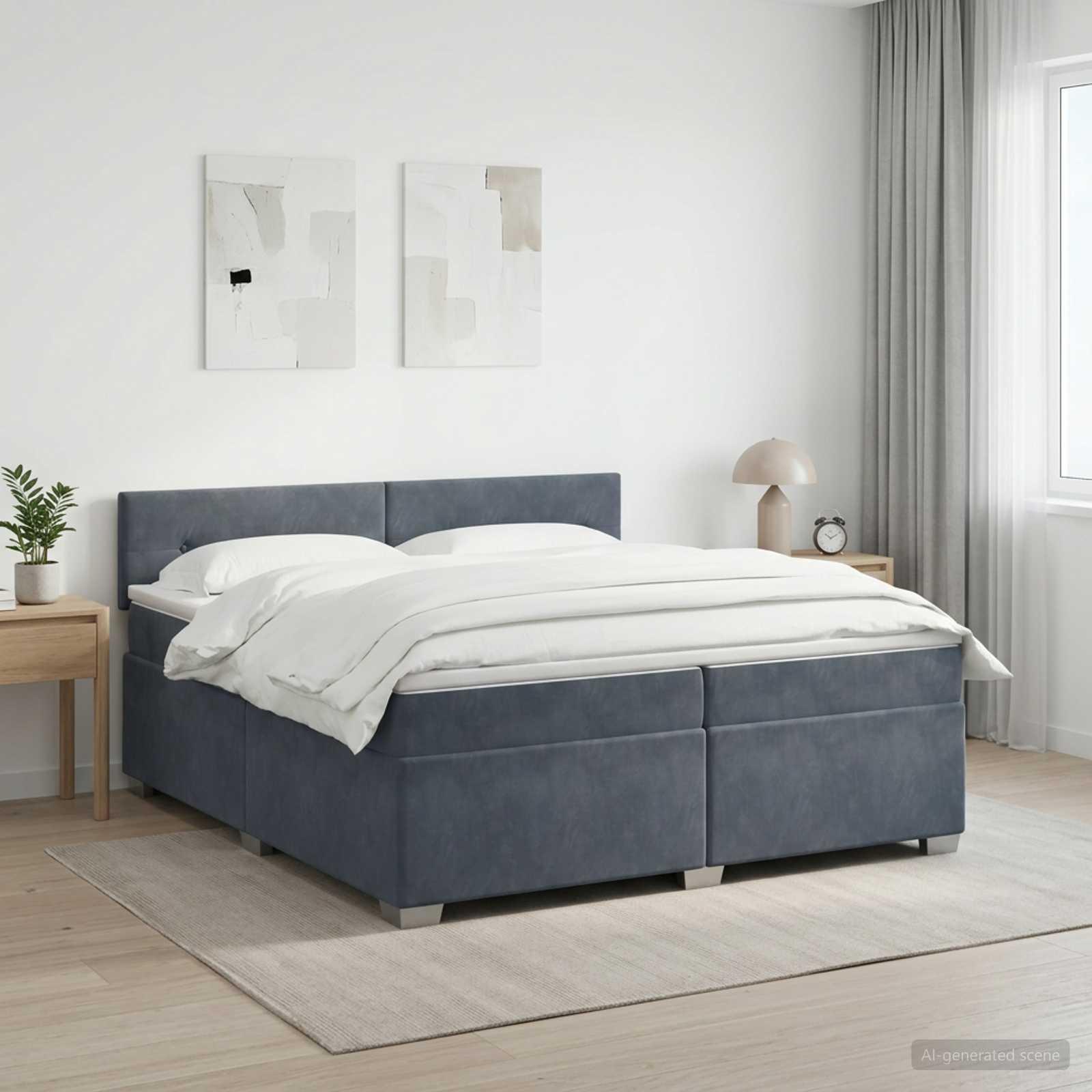 Kontinentalseng med madras og LED mørkegrå 200 x 200 cm velour