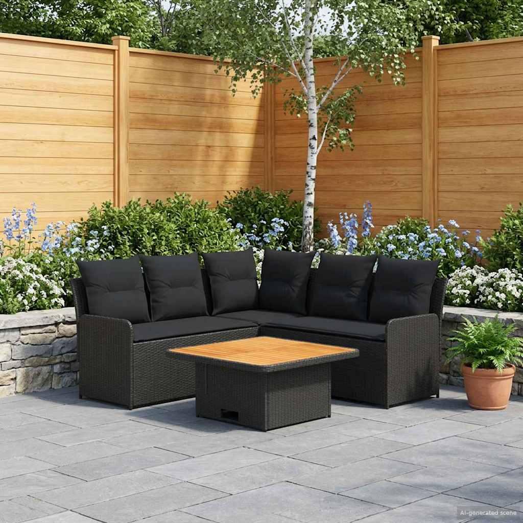 Loungesæt 6 dele i sort PE-rattan med bord og puder