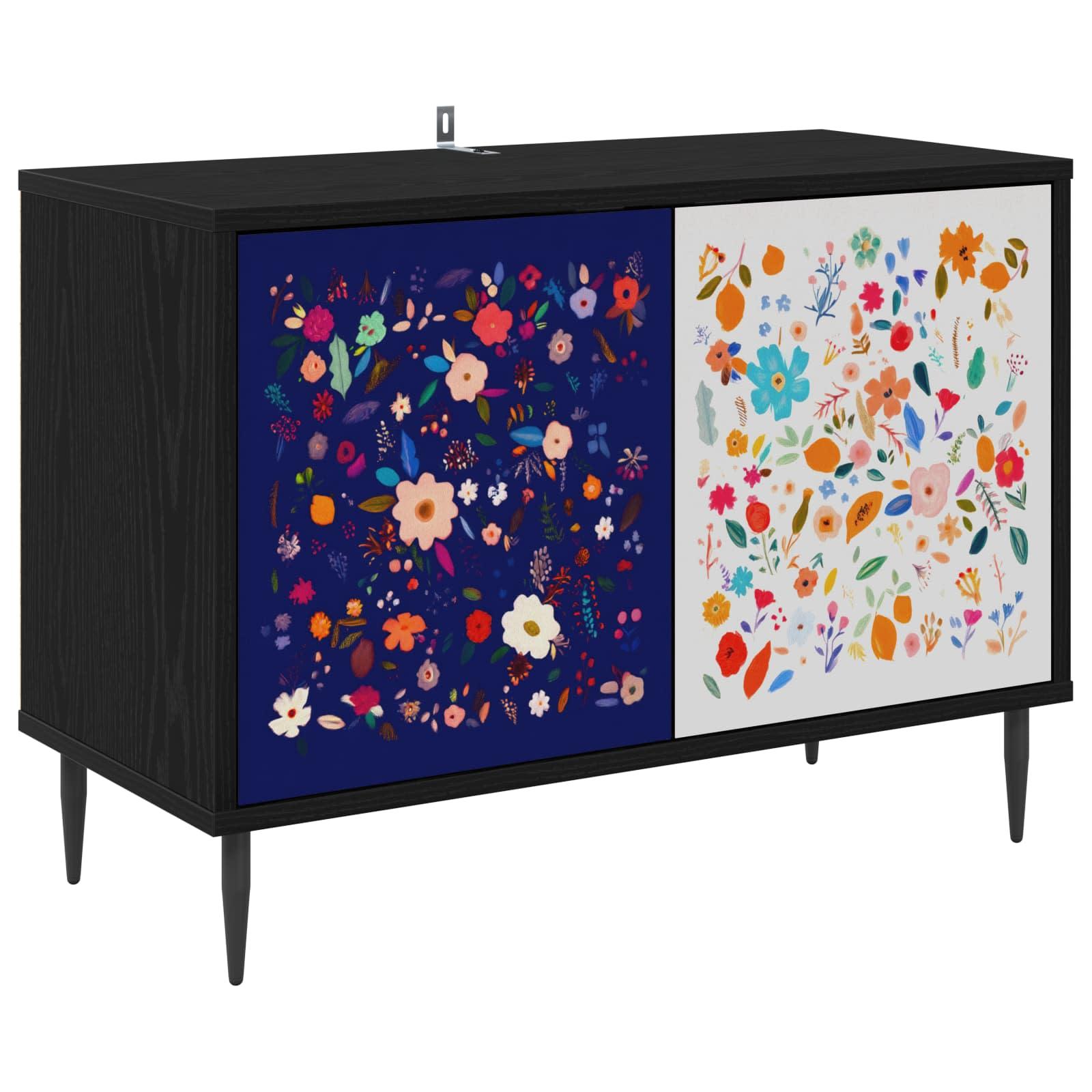 TV-skab i sort eg 69 x 33 x 50,5 cm med 2 låger og blomstermotiv