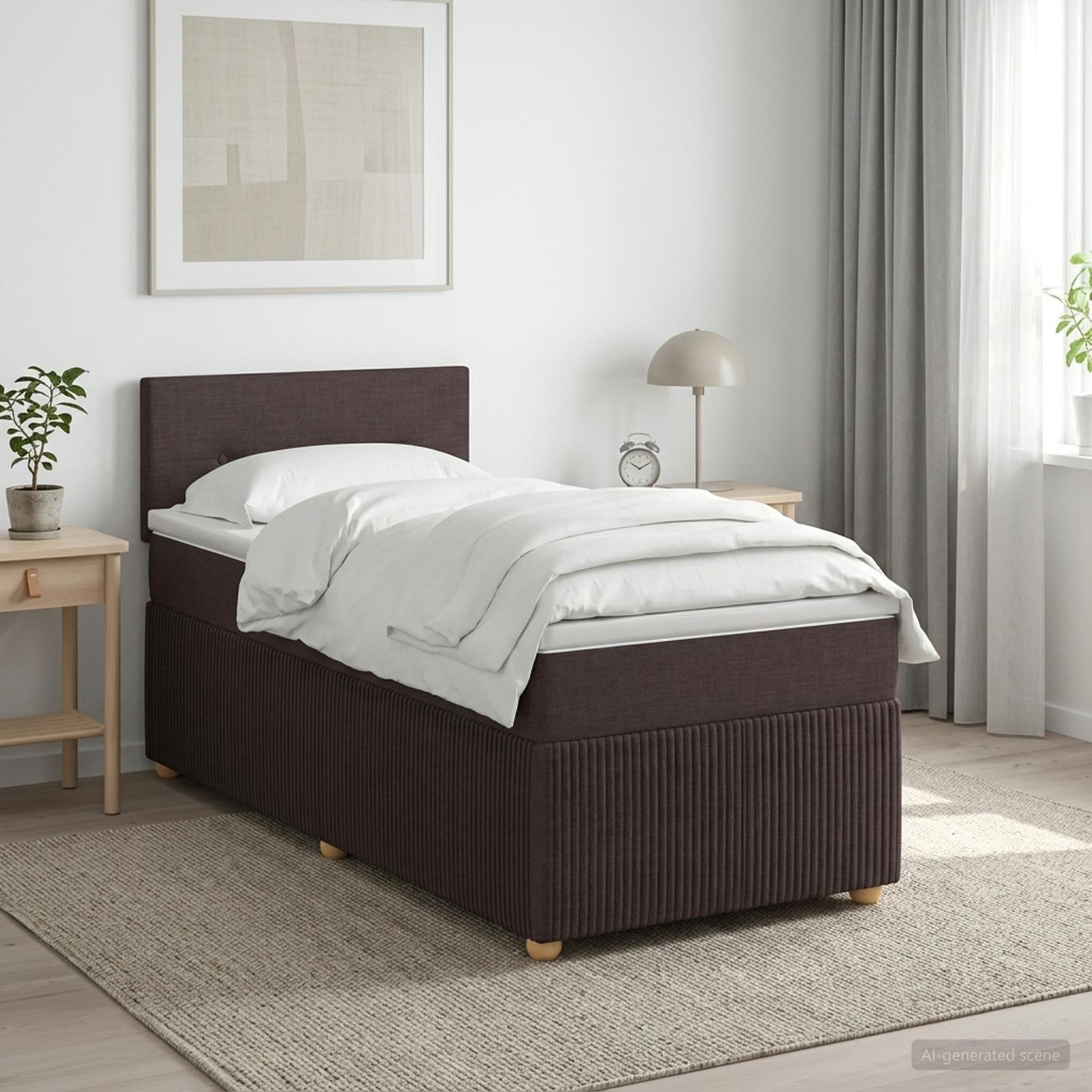 Seng med madras og topmadras 100 x 200 cm mørk brun stof