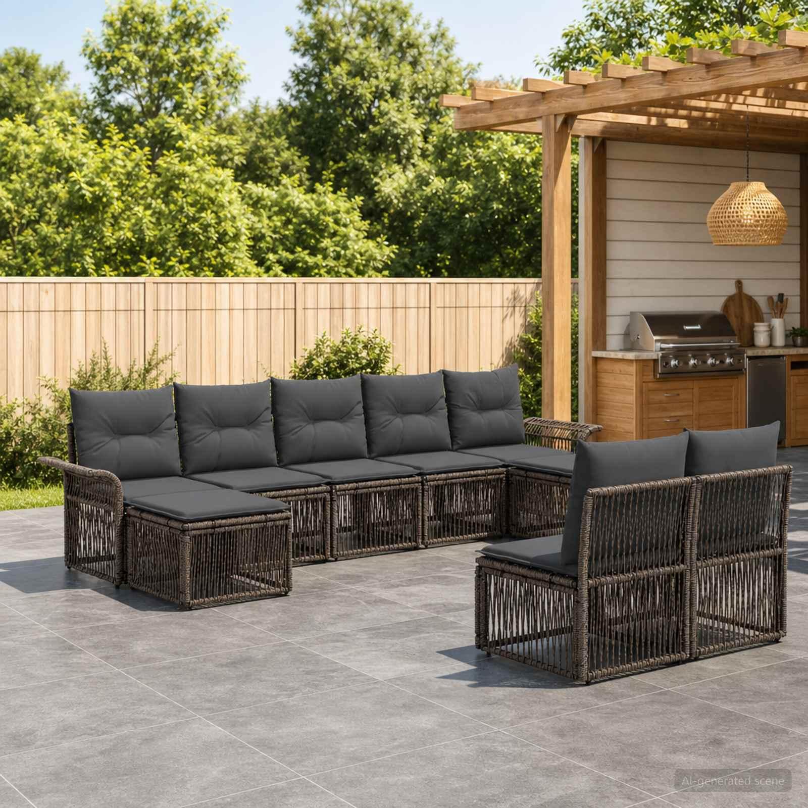Havesofa sæt 9 stk. i grå polyrattan - modulært loungesæt