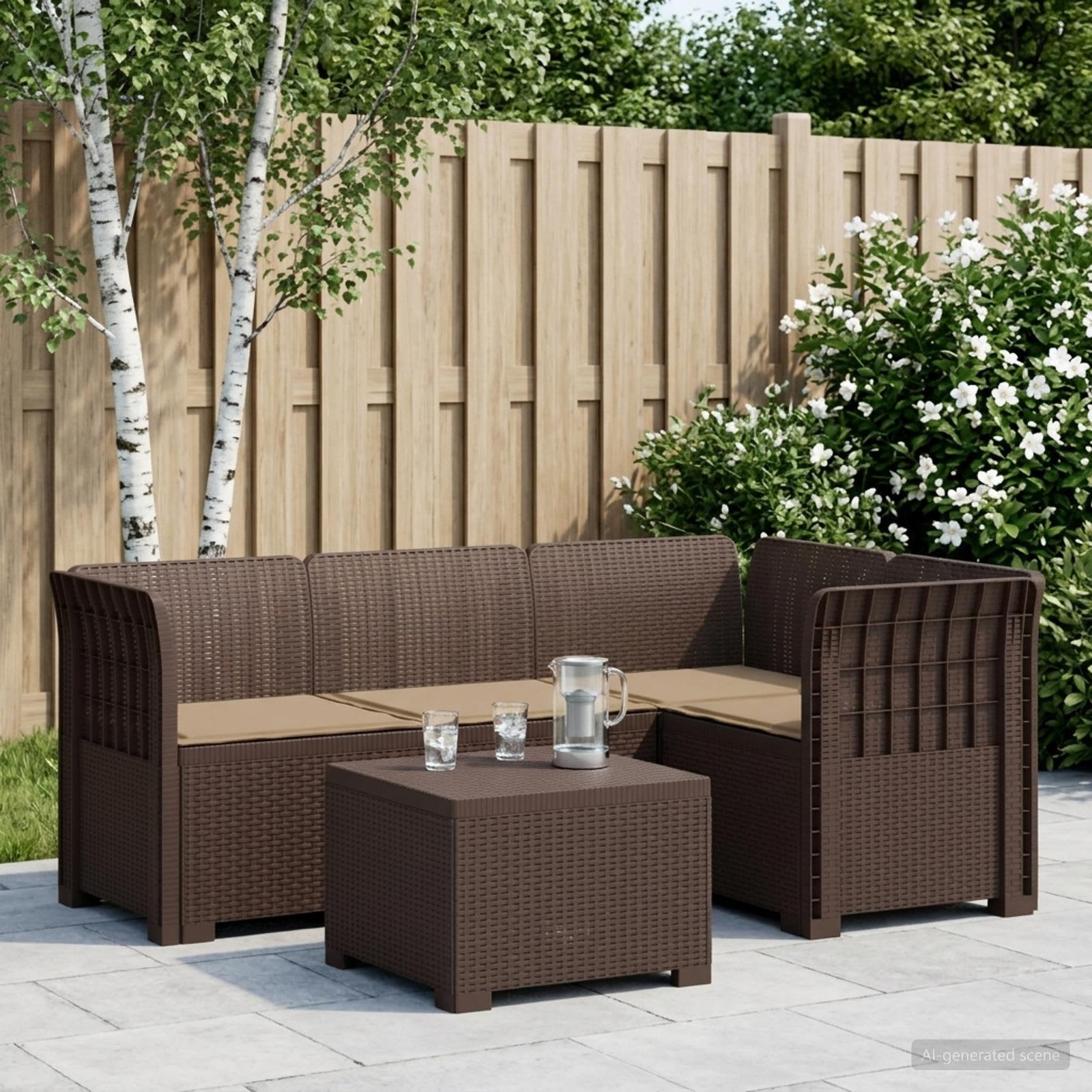 4-personers have sofa med hynder i rattan-look PP brun