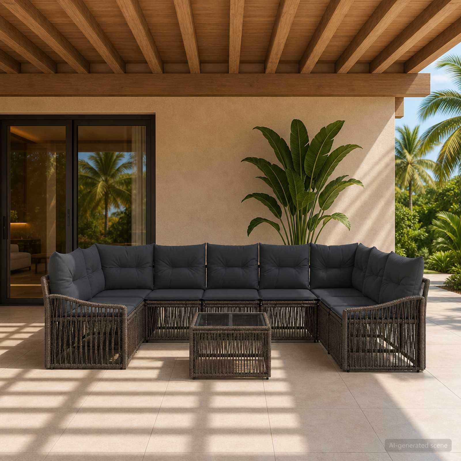 Havesofa sæt 10 dele i grå polyrattan - modulært loungesæt til terrasse