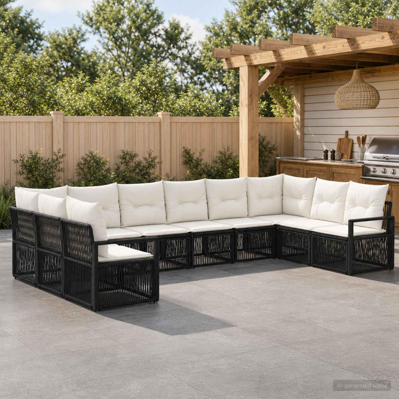 Havesofa sæt 10 stk. i sort polyrattan til terrasse og have