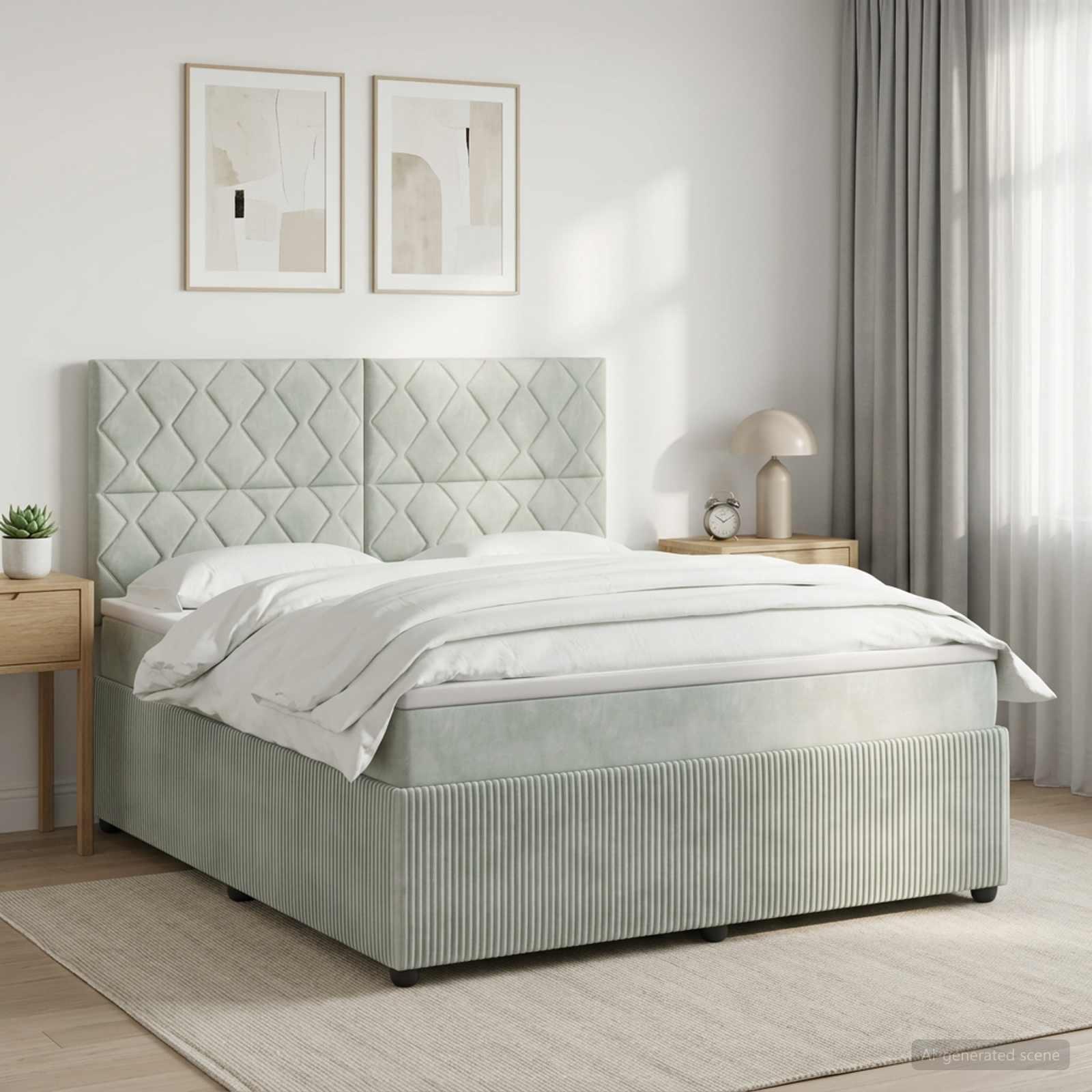 Boxmadras seng med topmadras 140 x 190 cm i lysegrå fløjl
