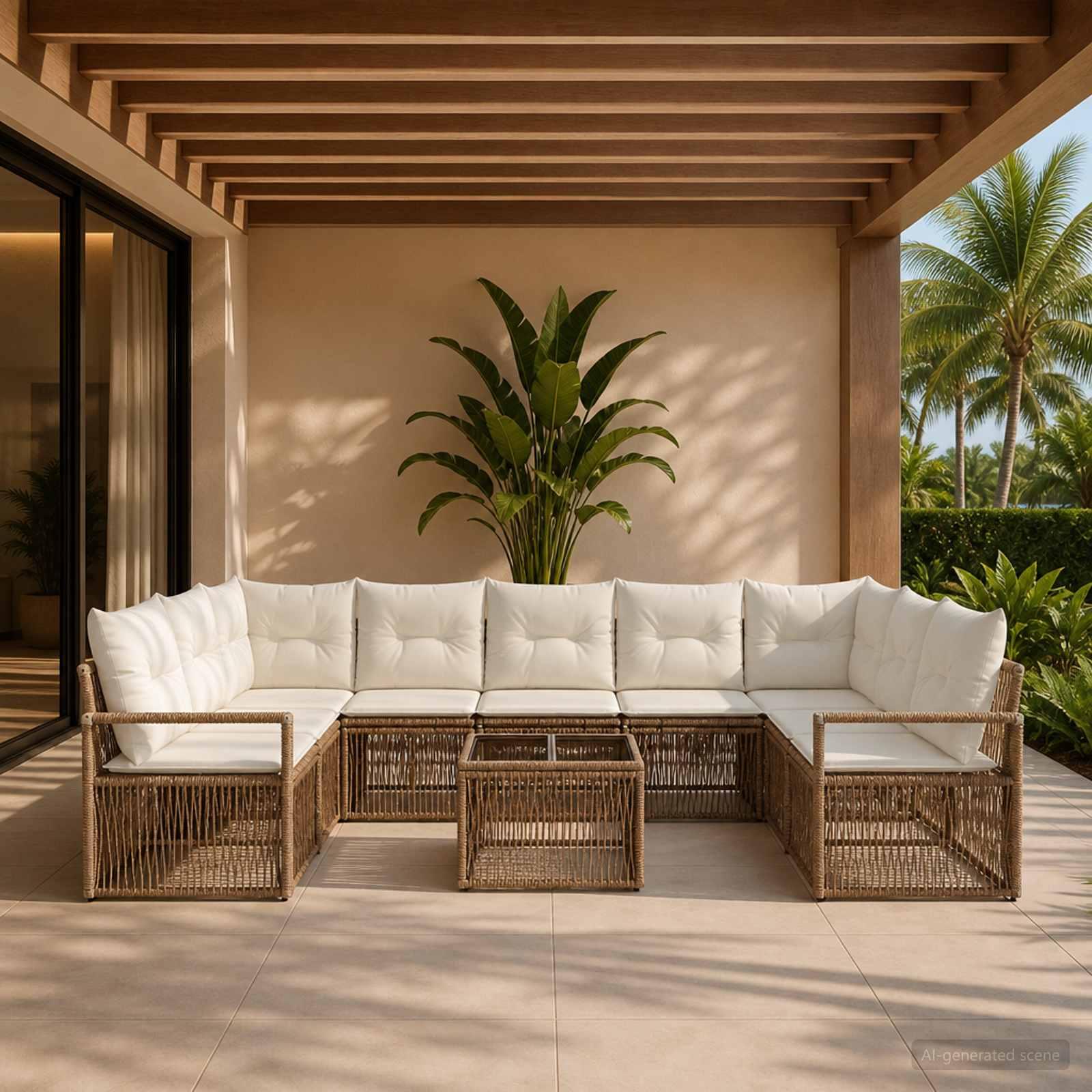 Havesofa sæt 10 stk. i beige polyrattan modulært loungesæt