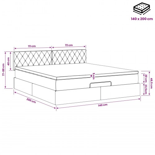Ottoman seng med opbevaring, madras og LED 140 x 200 cm - mørkegrøn velour