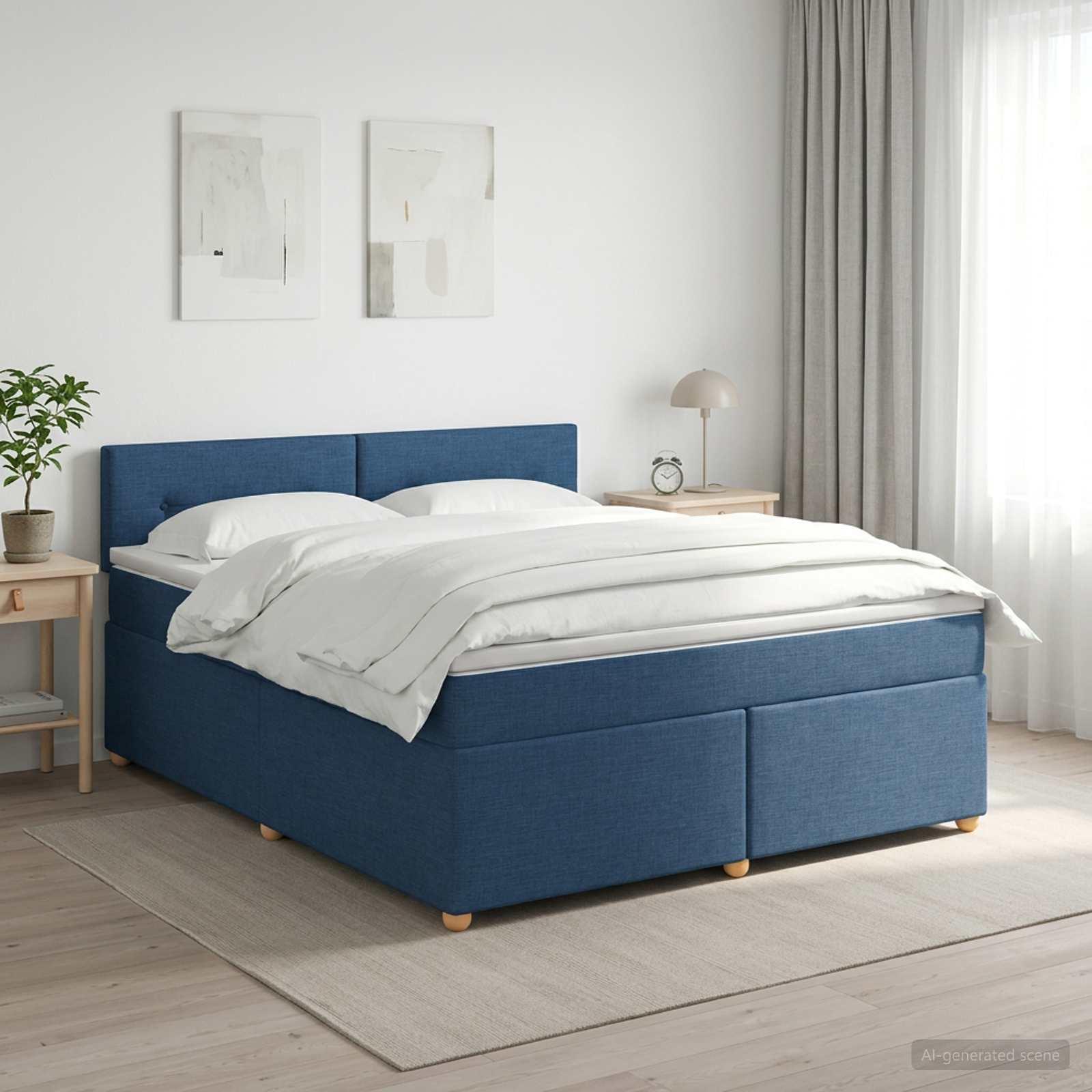 Boxmadras med topmadras og justerbar hovedgavl 140 x 190 cm blå stof