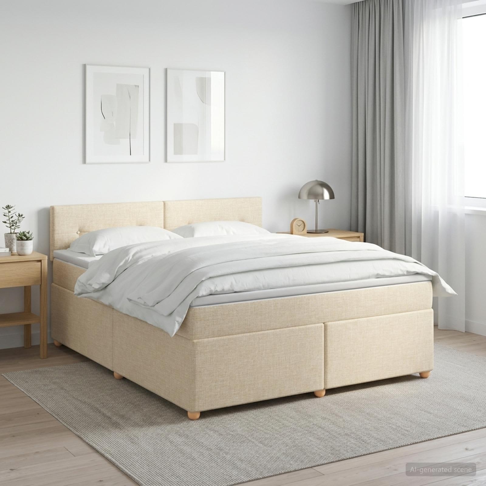 Boxmadras med topmadras og justerbar hovedgavl cremefarvet 140 x 190 cm