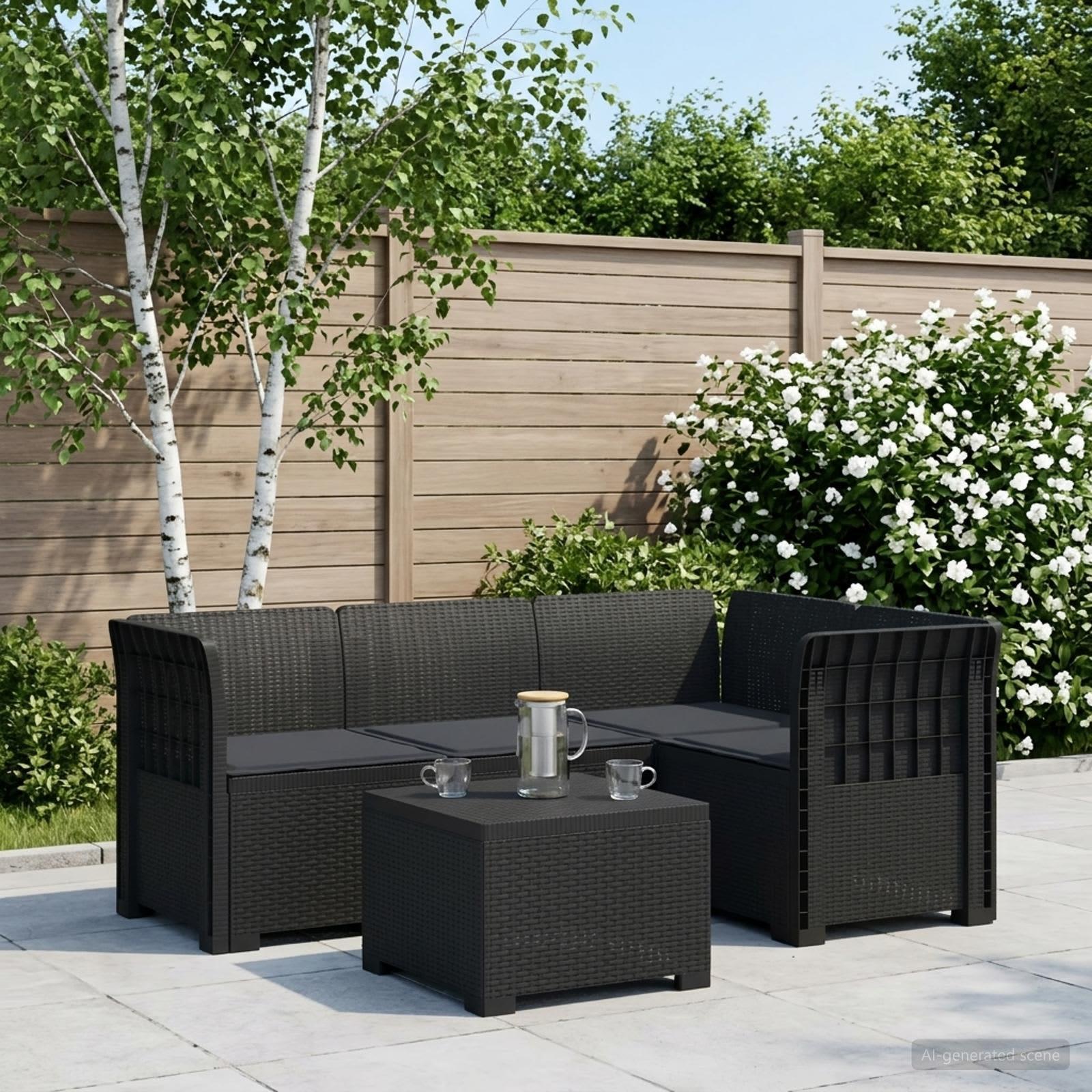 4-personers have sofa med hynder i rattan-look PP antracit