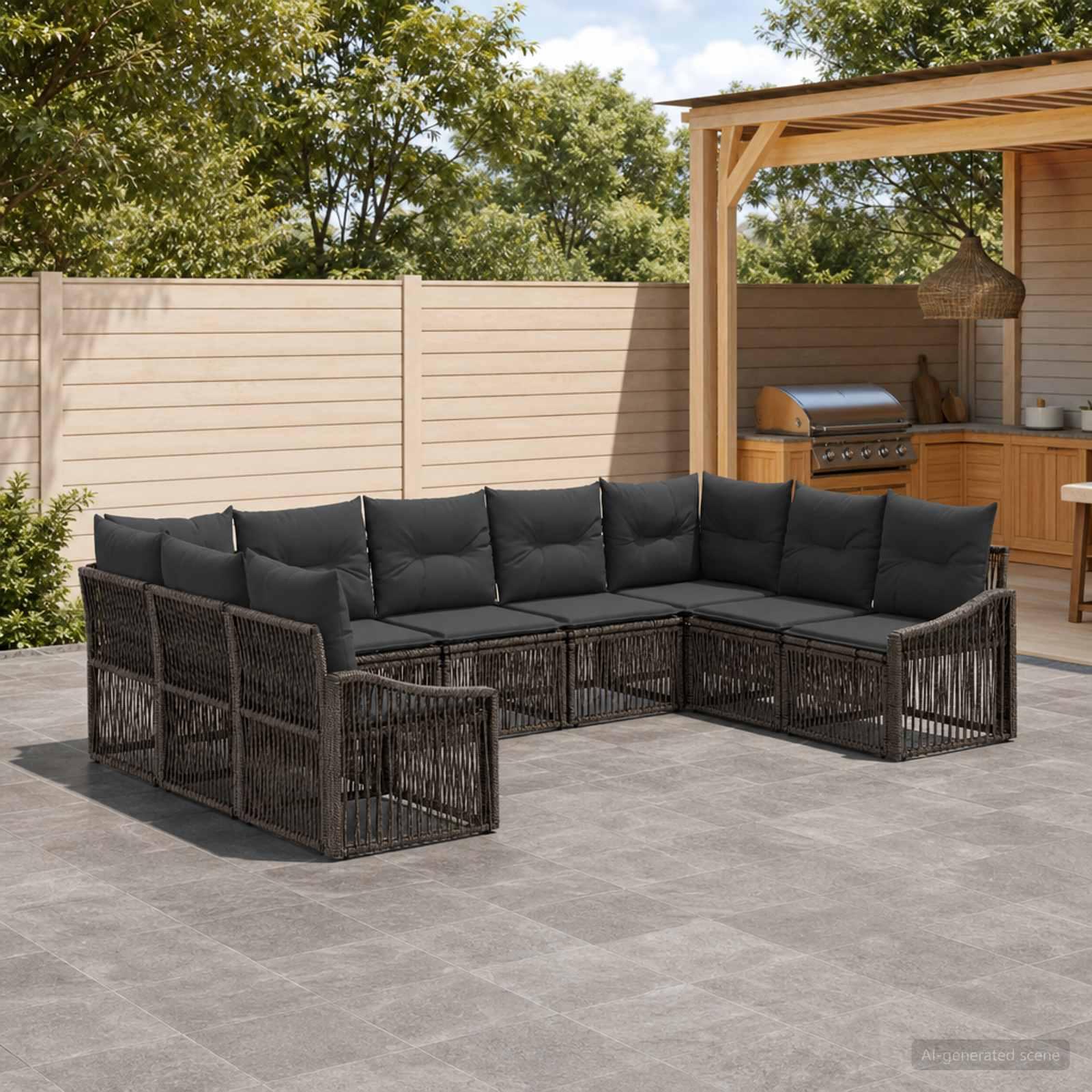 Havesofa sæt 9 dele i grå polyrattan - modulært loungesæt