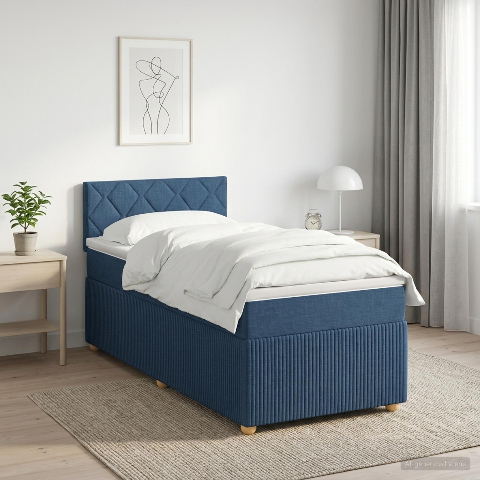 Enkeltseng med madras, topmadras og justerbar hovedgavl 90 x 200 cm - blå stof