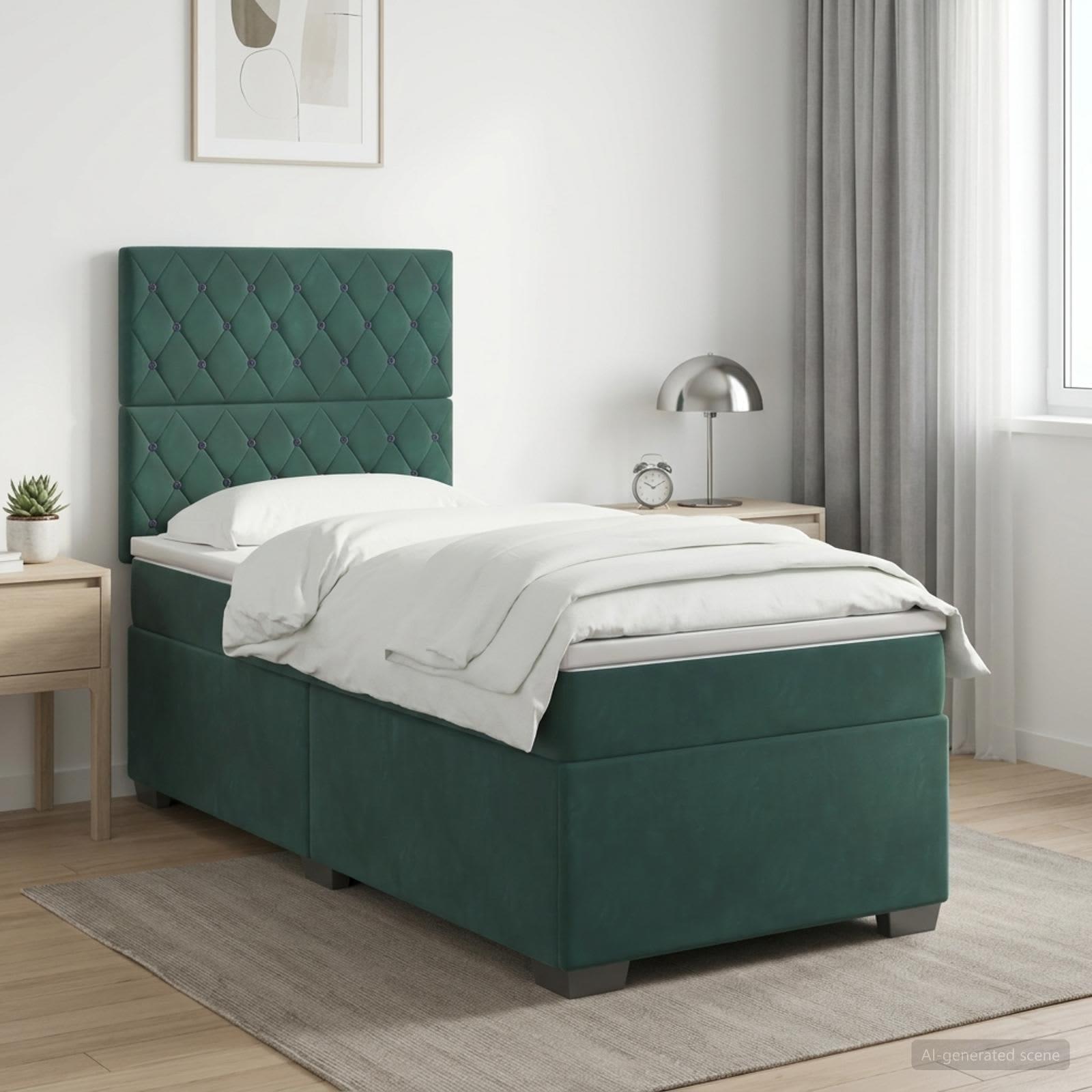 Boxmadras med topmadras 100 x 200 cm i fløjl - mørkegrøn
