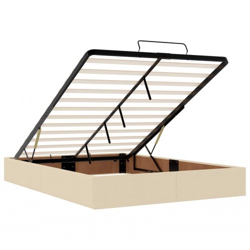 Ottoman seng med madras og LED 140 x 190 cm i cremefarvet stof