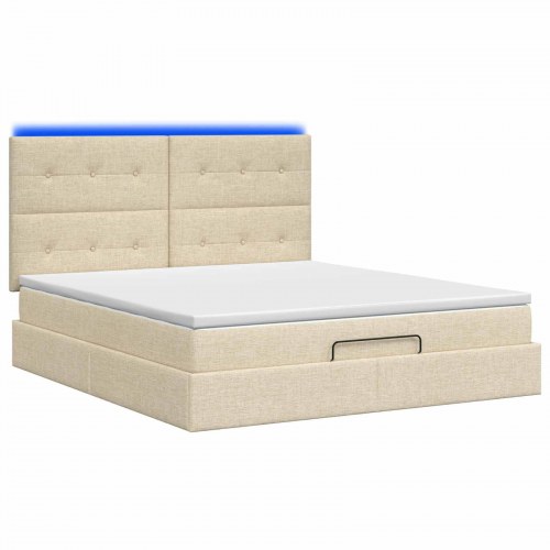 Ottoman seng med madras og LED 140 x 190 cm i cremefarvet stof