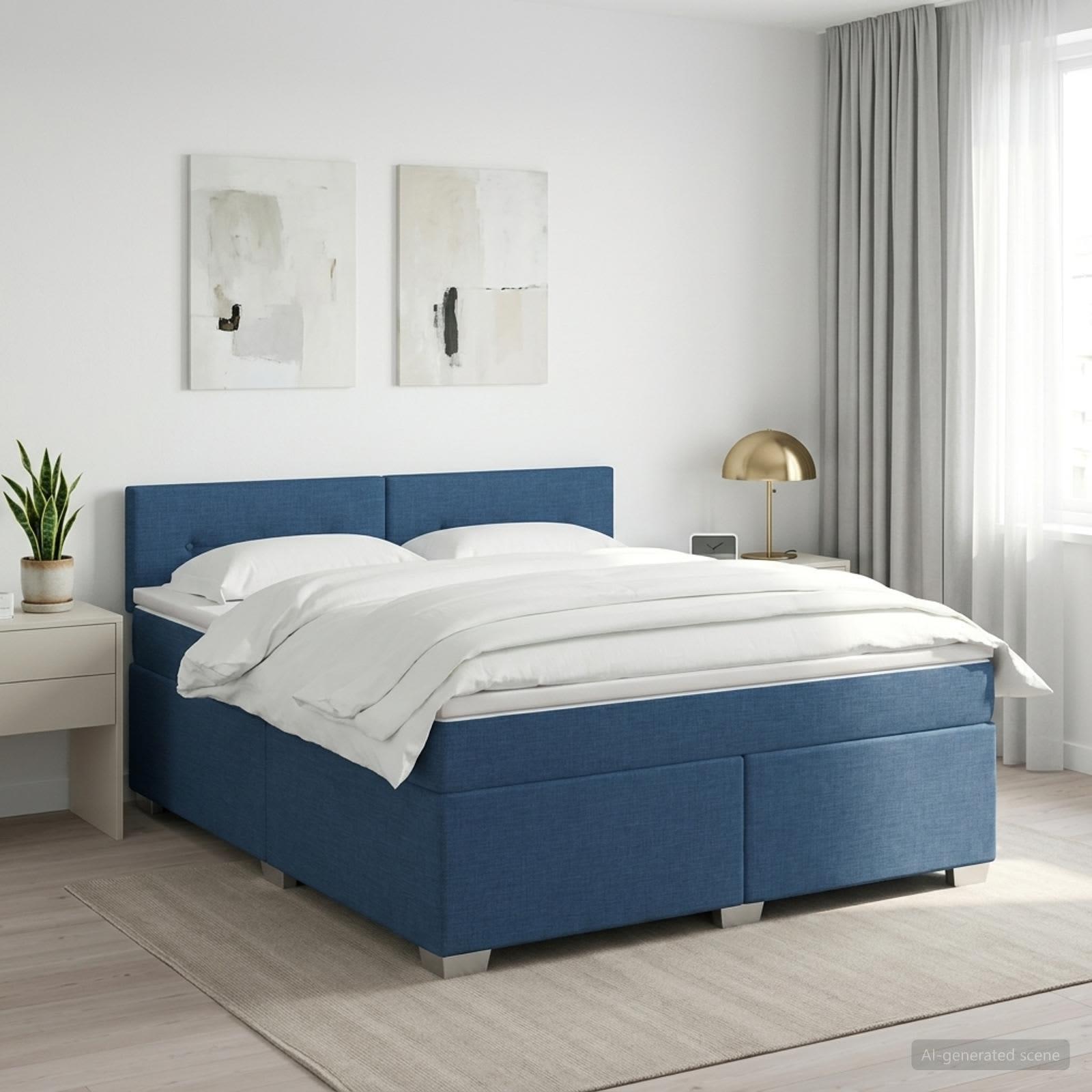 Boksmadras 160 x 200 cm med topmadras og justerbar hovedgavl - blå stof