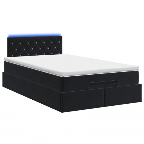Ottoman seng med opbevaring, madras og LED 120 x 200 cm - sort velour