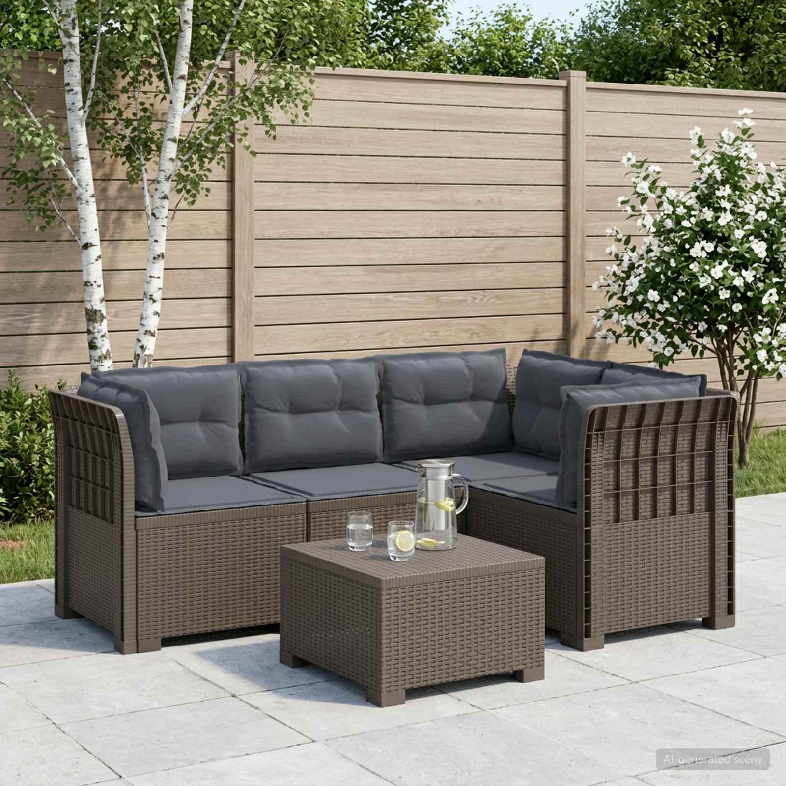 4-personers have sofa med puder i rattan-look PP lysegrå
