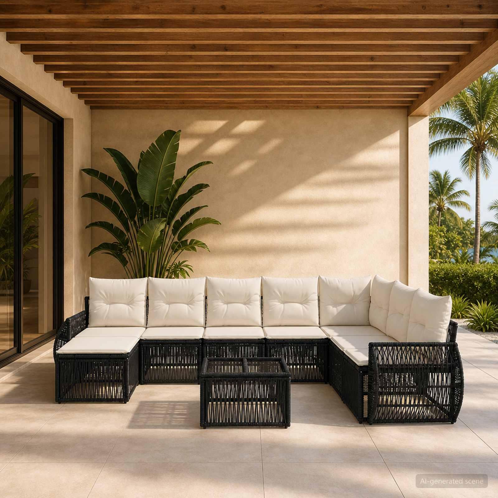 Havesofa sæt 9 stk. i sort polyrattan med cremehvide hynder