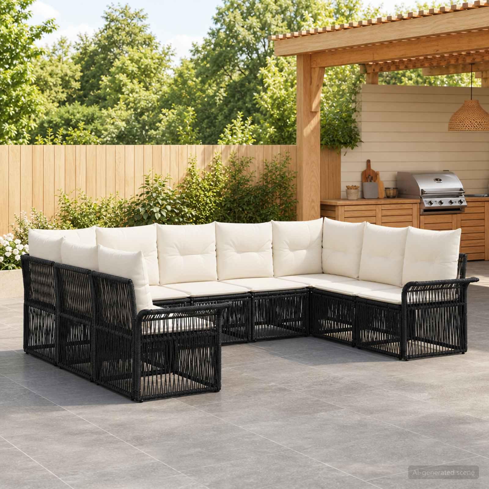 Havesofa sæt 9 stk. i sort polyrattan modulært loungesæt
