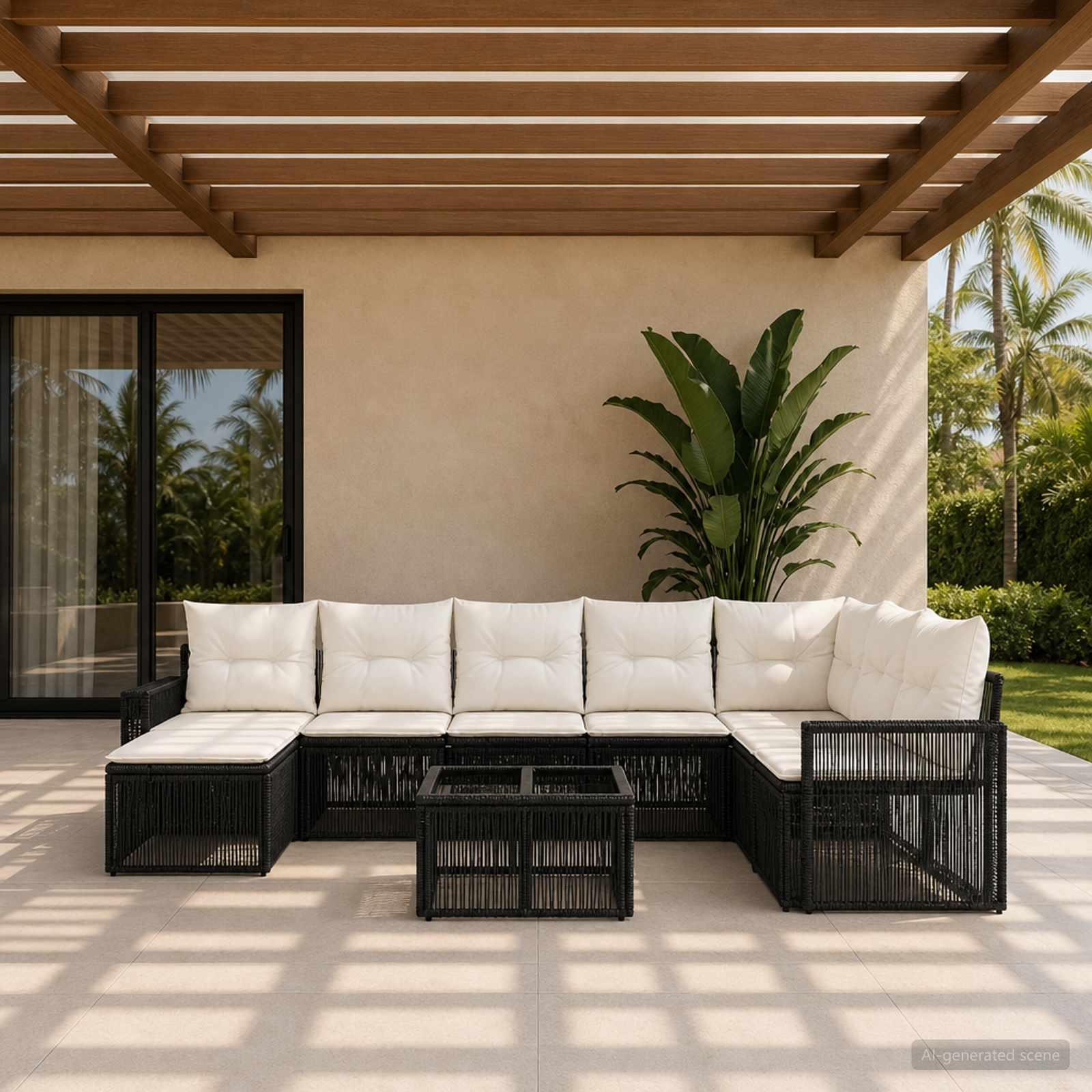 vidaXL Havesofa Sæt 9 stk. Sort og Cremehvid polyrattan