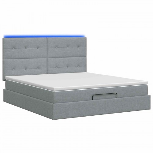 Ottoman seng med opbevaring, madras og LED 140 x 190 cm - lysegrå