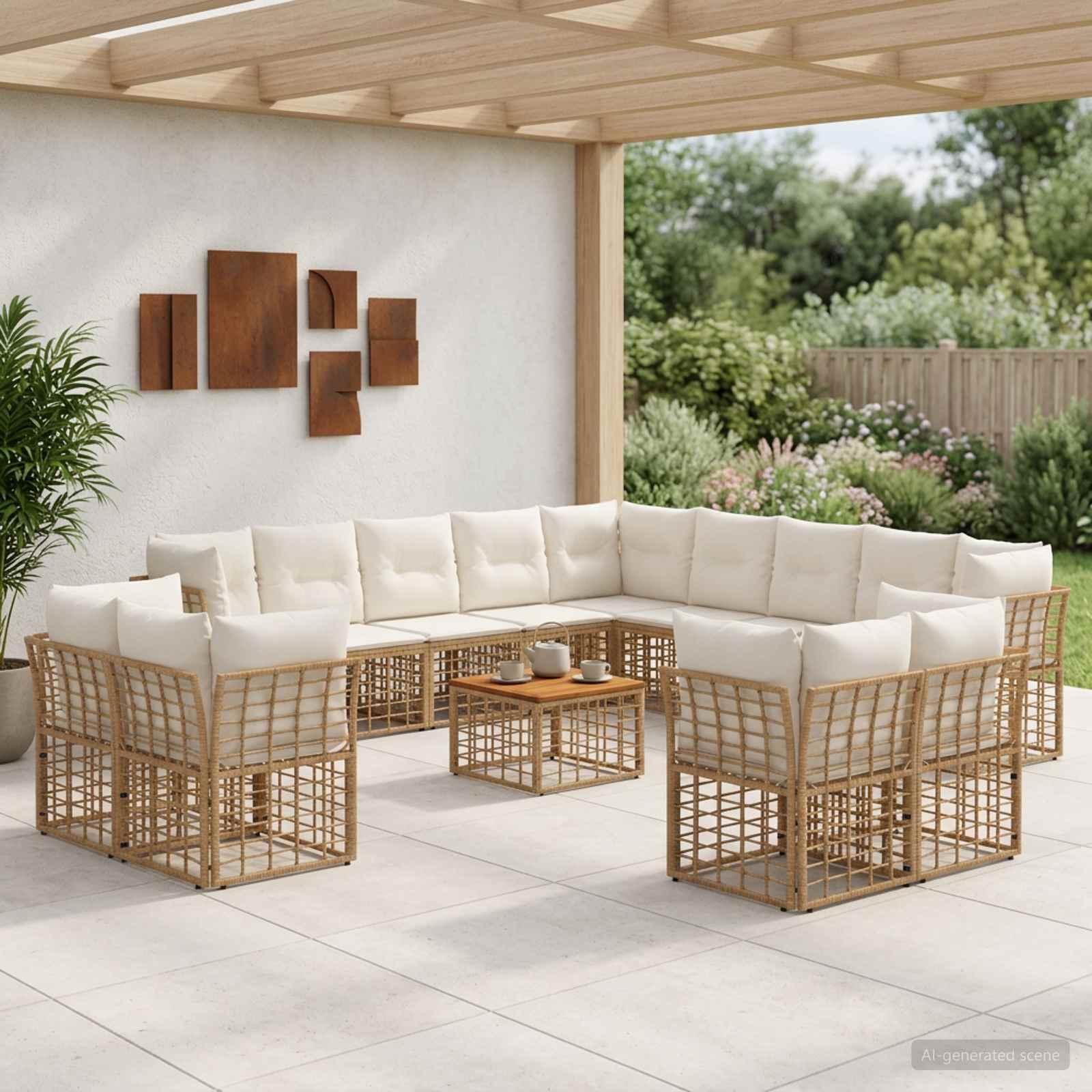 Udendørs sofagruppe 14 stk. i polyrattan - naturlig og creme hvid