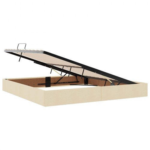 Opbevaringsseng med LED og madras 200 x 200 cm cremefarvet stof
