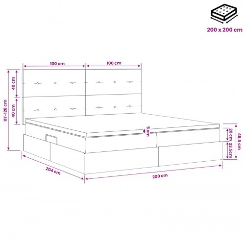 Opbevaringsseng med LED og madras 200 x 200 cm cremefarvet stof