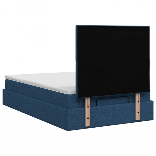 Ottoman seng med opbevaring, madras og LED 120 x 200 cm - blå stof