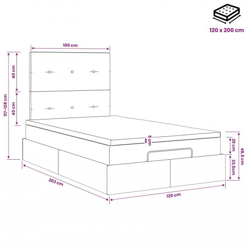 Ottoman seng med opbevaring, madras og LED 120 x 200 cm - blå stof