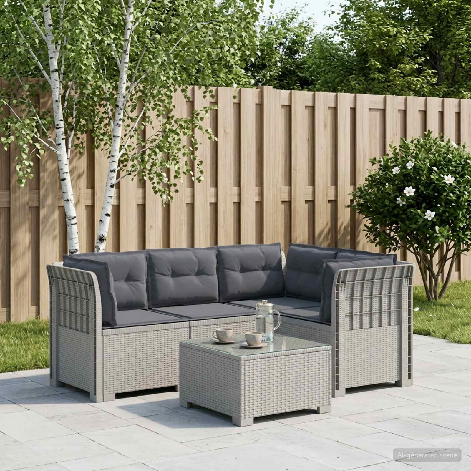 4-personers havesofa loungesæt med puder i rattan-look PP hvid
