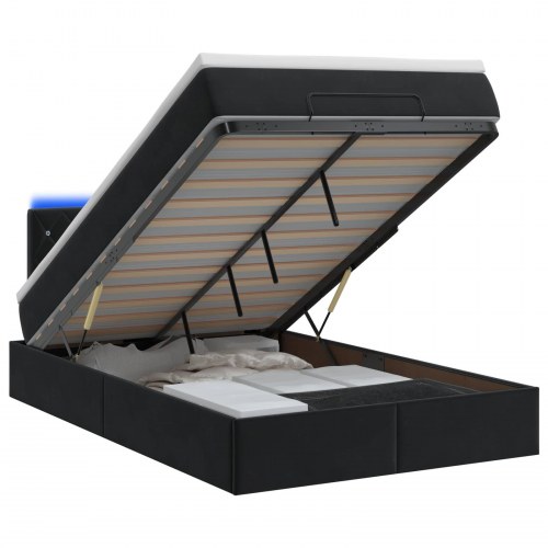 Ottoman seng med madras og LED 120 x 190 cm - sort velour opbevaringsseng