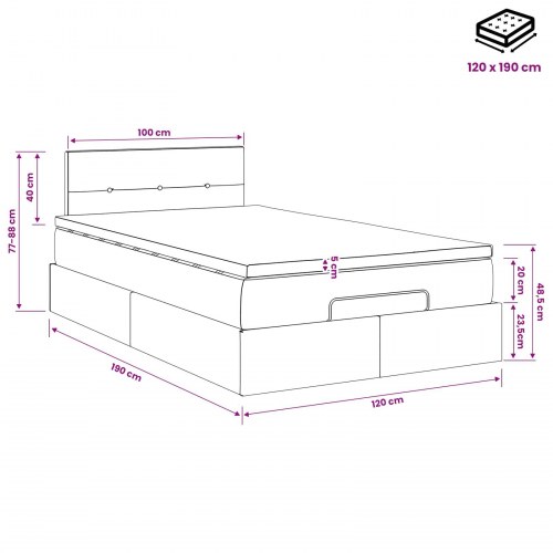 Ottoman seng med madras og LED 120 x 190 cm i blå stof