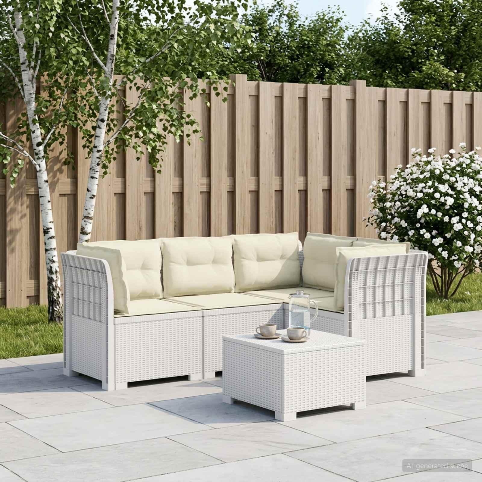 4-personers loungesofa til have med puder i rattan-look PP - hvid