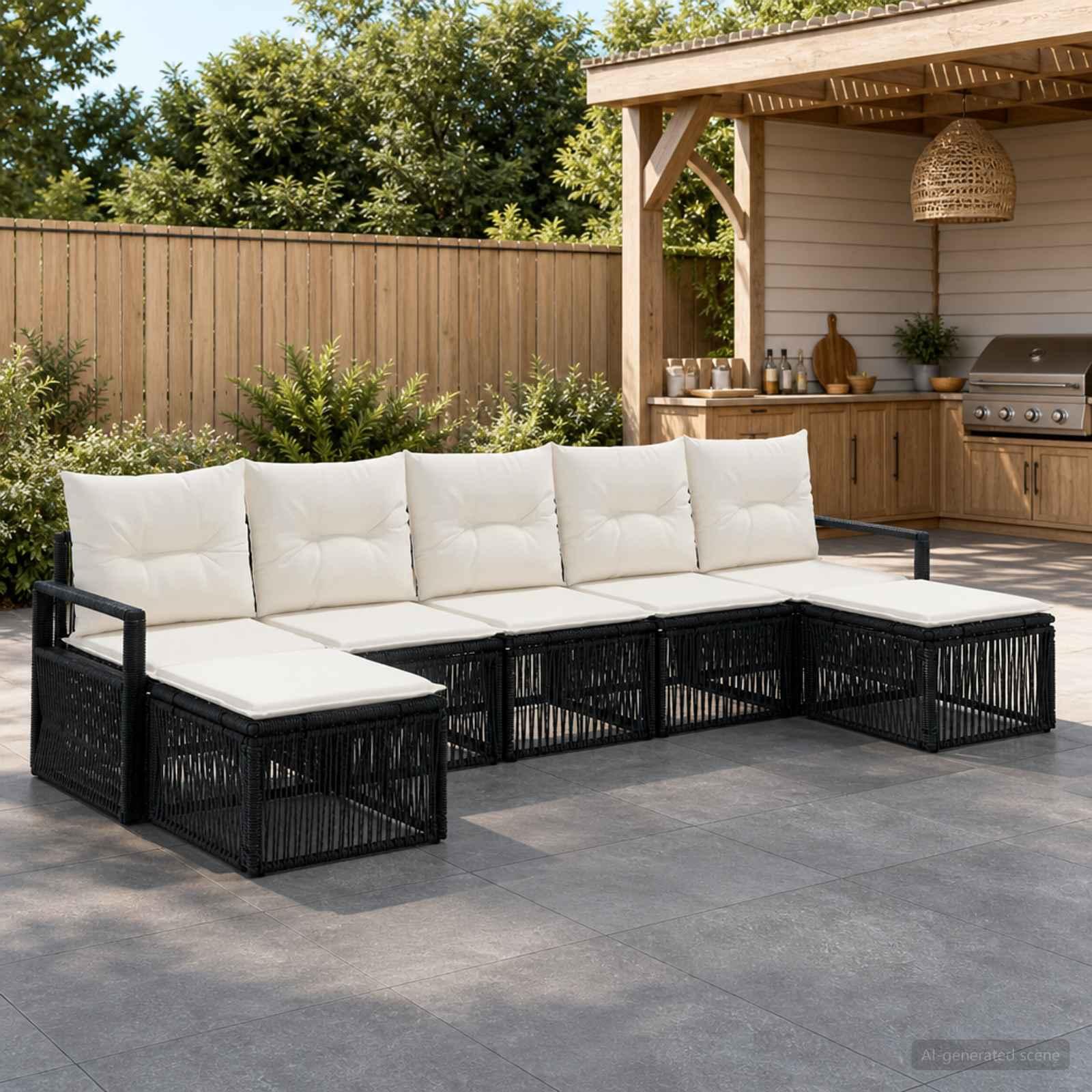 Havesofa sæt 7 stk. i sort polyrattan modulsofa til terrasse