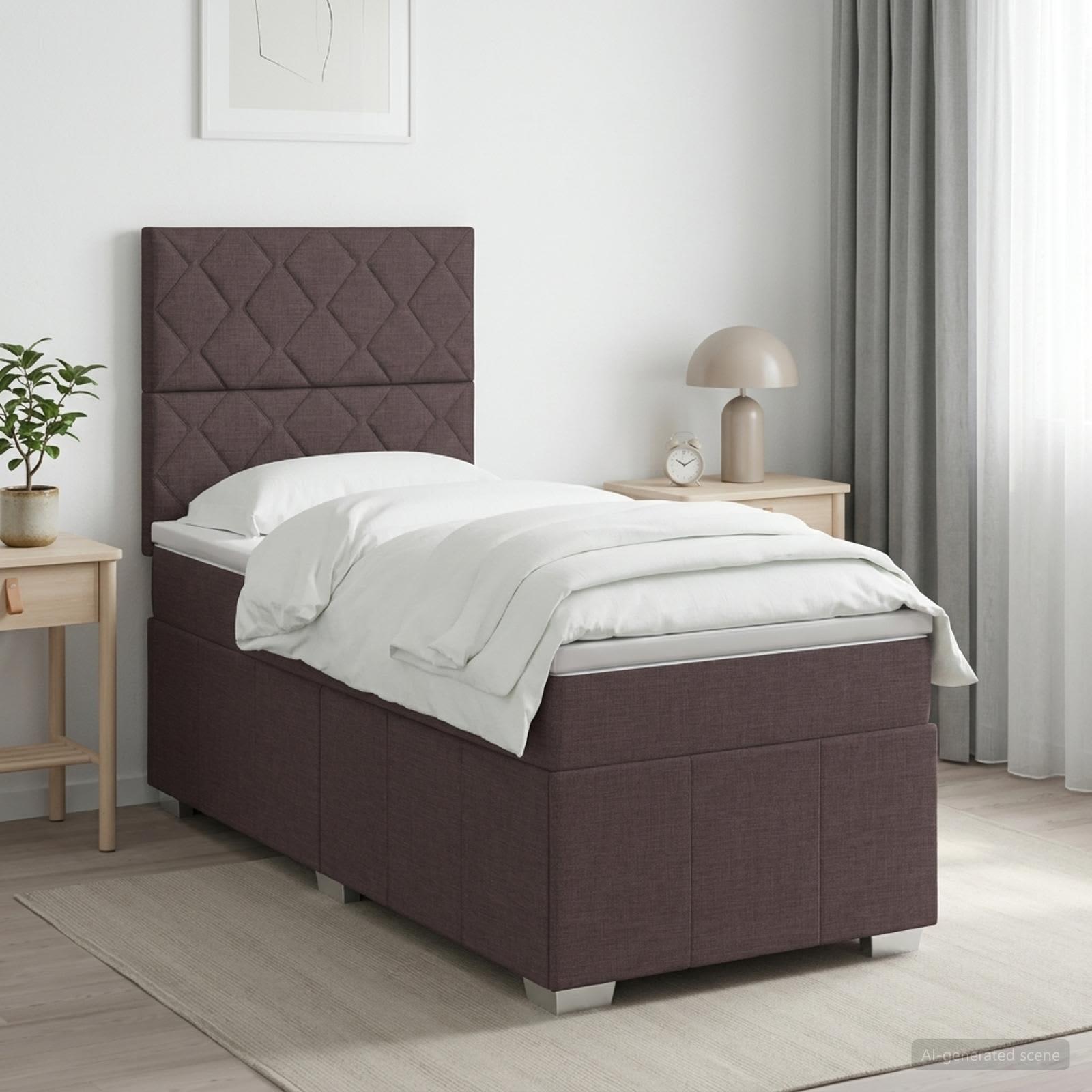 Boksmadras seng med topmadras 100 x 200 cm - mørk brun stof