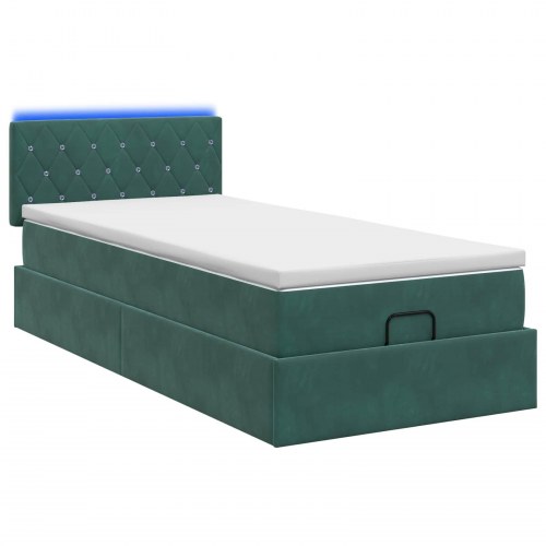 Ottoman seng med madras og LED 100 x 200 cm i mørkegrøn velour