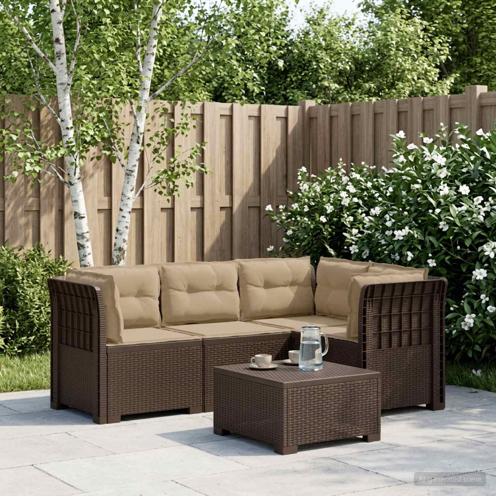4-personers loungesofa til have med puder i rattan-look PP brun
