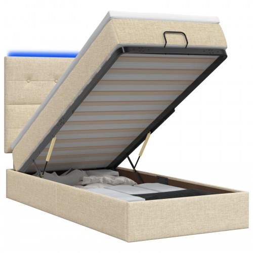 Ottoman seng med madras og LED cremefarvet 100 x 200 cm stof
