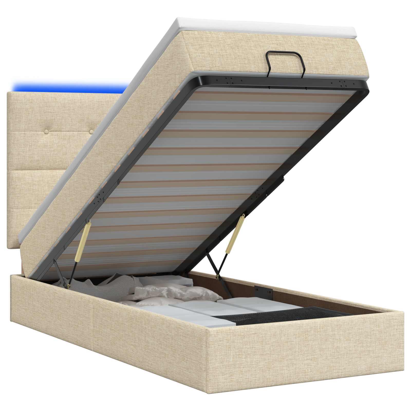 Ottoman seng med madras og LED cremefarvet 100 x 200 cm stof